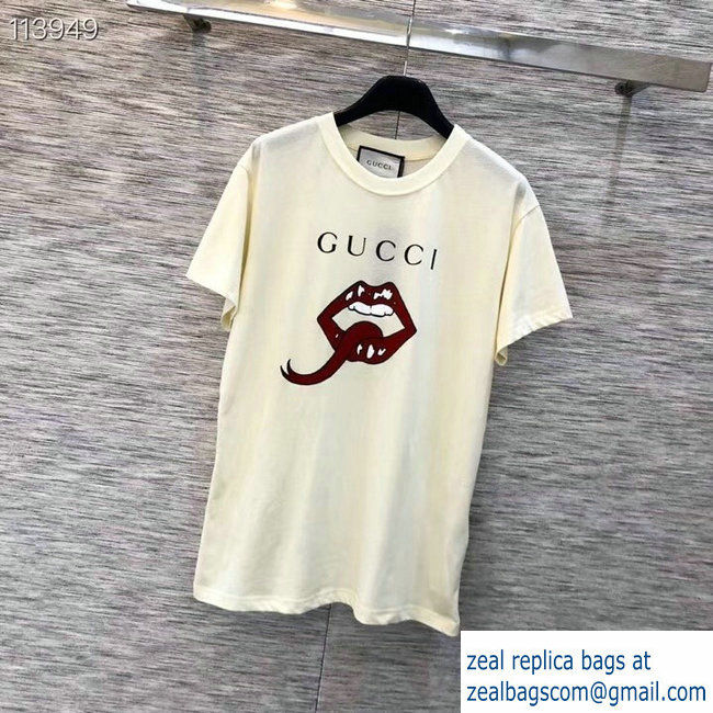 Gucci Mouth and Logo Print T-shirt Creamy 2019 - Click Image to Close