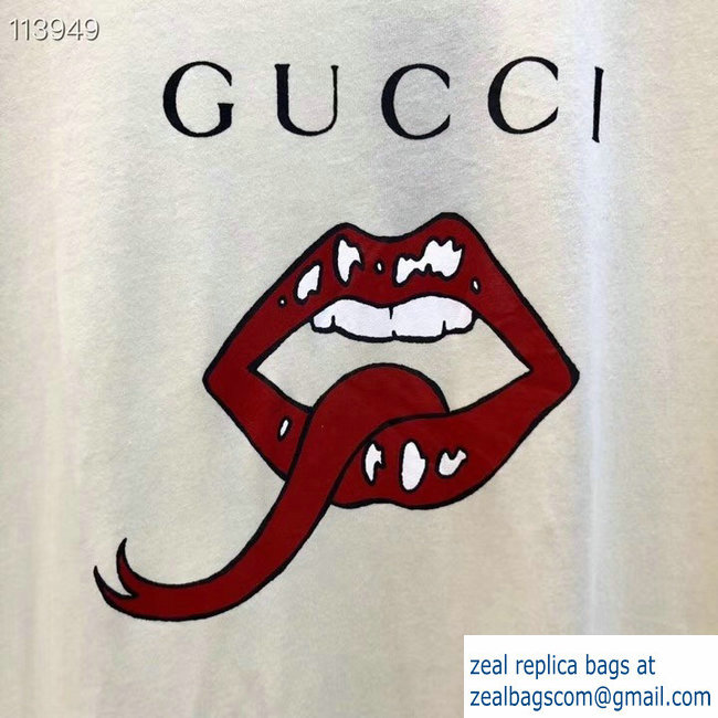Gucci Mouth and Logo Print T-shirt Creamy 2019 - Click Image to Close