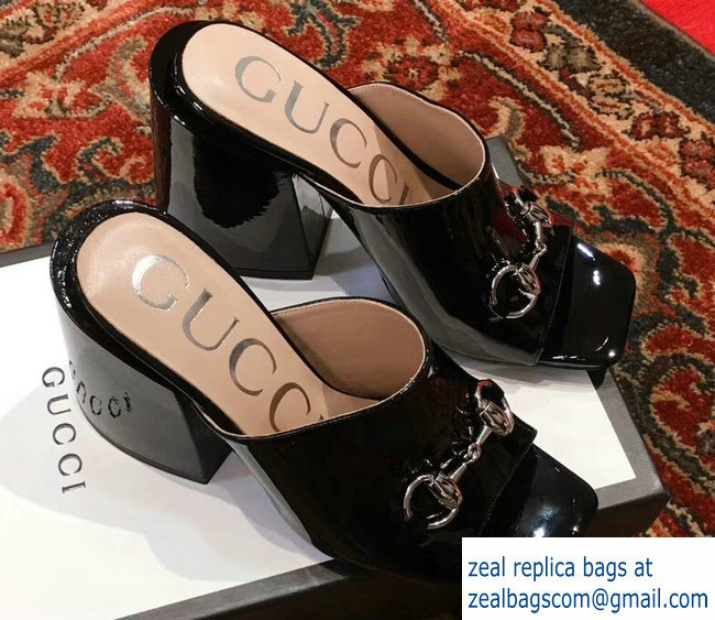 Gucci Patent Leather Horsebit 10cm High-Heel Slides 536773 Black 2019 - Click Image to Close