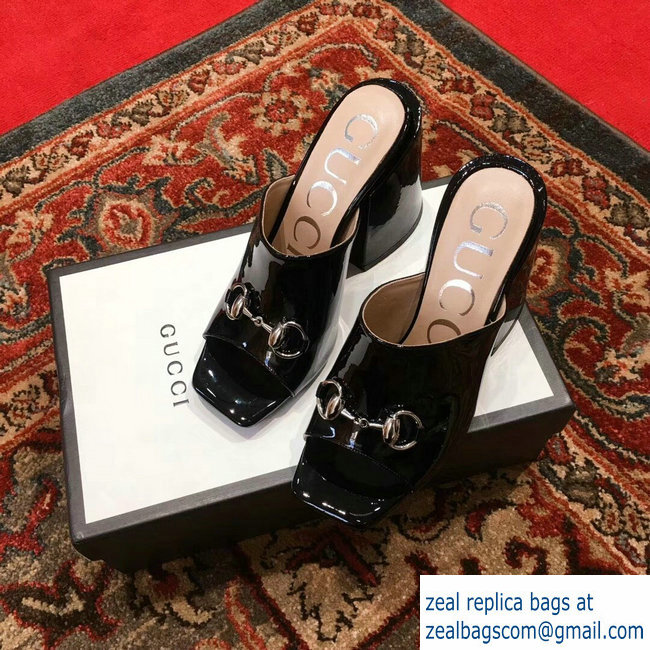 Gucci Patent Leather Horsebit 10cm High-Heel Slides 536773 Black 2019