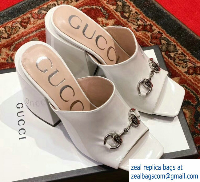 Gucci Patent Leather Horsebit 10cm High-Heel Slides 536773 White 2019