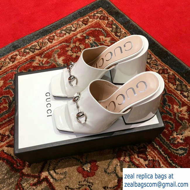 Gucci Patent Leather Horsebit 10cm High-Heel Slides 536773 White 2019