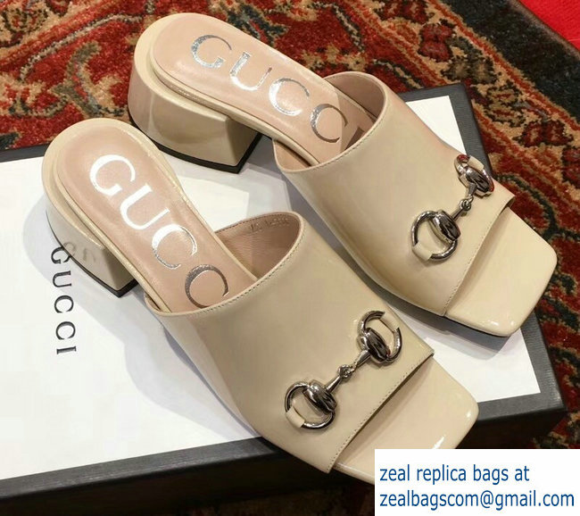 Gucci Patent Leather Horsebit 5cm Mid-Heel Slides 543188 Beige 2019 - Click Image to Close