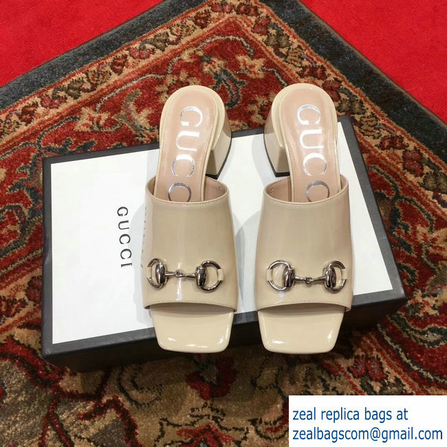 Gucci Patent Leather Horsebit 5cm Mid-Heel Slides 543188 Beige 2019