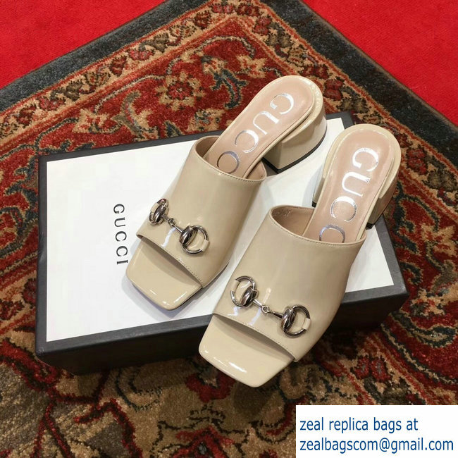 Gucci Patent Leather Horsebit 5cm Mid-Heel Slides 543188 Beige 2019 - Click Image to Close