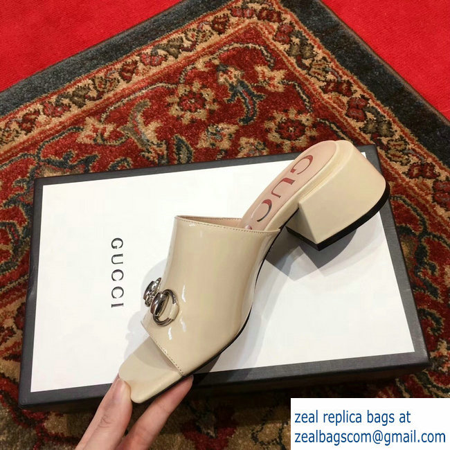 Gucci Patent Leather Horsebit 5cm Mid-Heel Slides 543188 Beige 2019 - Click Image to Close