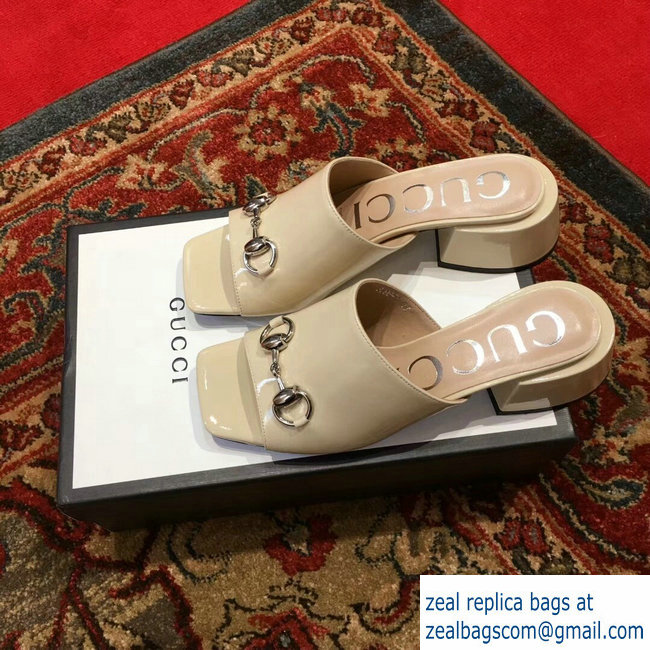 Gucci Patent Leather Horsebit 5cm Mid-Heel Slides 543188 Beige 2019