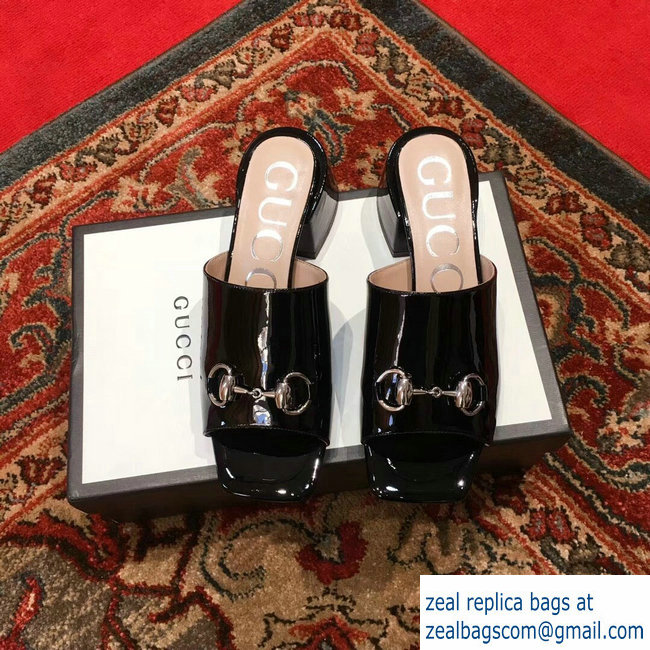 Gucci Patent Leather Horsebit 5cm Mid-Heel Slides 543188 Black 2019