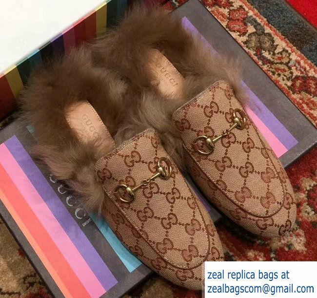 Gucci Princetown GG Canvas Fur Slipper 448657 Beige 2018 - Click Image to Close