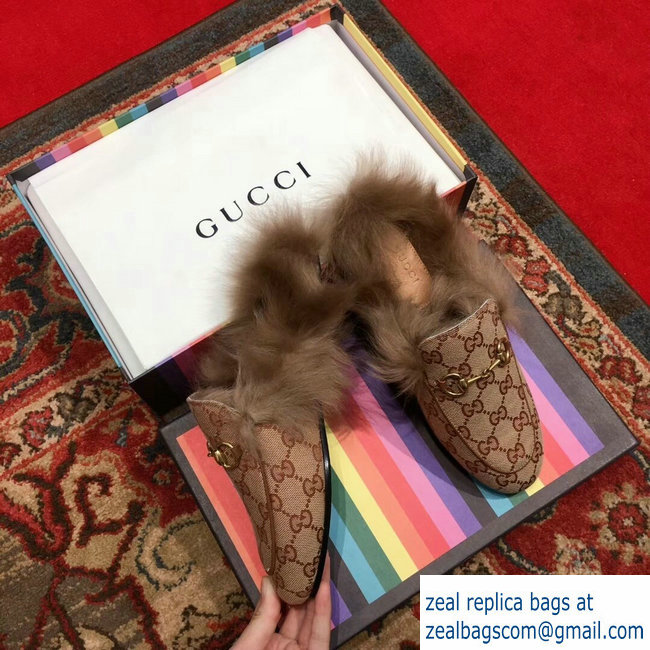 Gucci Princetown GG Canvas Fur Slipper 448657 Beige 2018