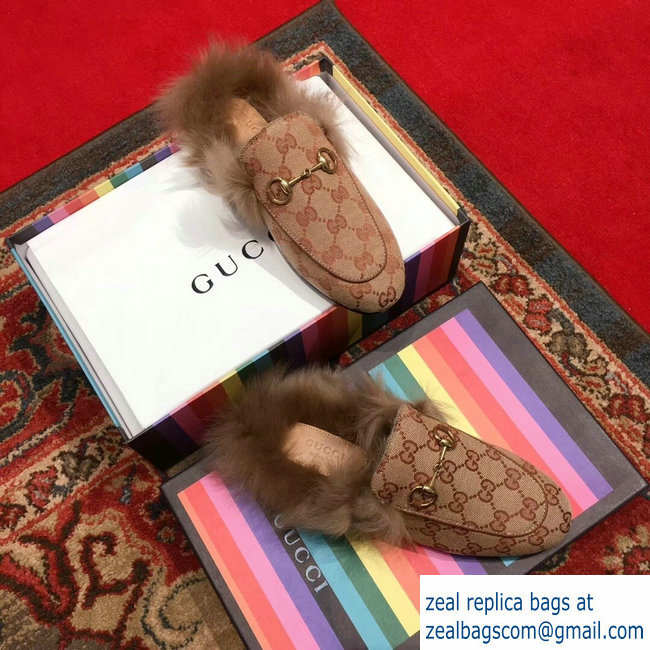 Gucci Princetown GG Canvas Fur Slipper 448657 Beige 2018