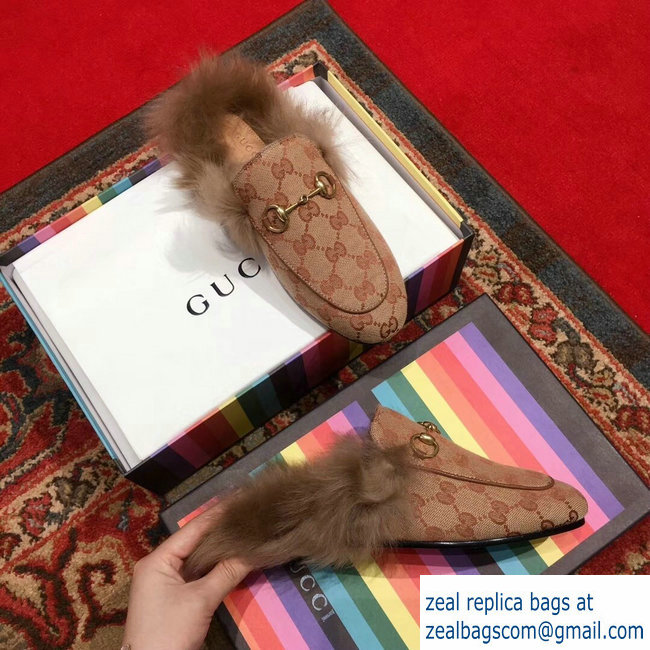 Gucci Princetown GG Canvas Fur Slipper 448657 Beige 2018