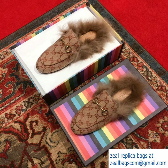 Gucci Princetown GG Canvas Fur Slipper 448657 Beige 2018