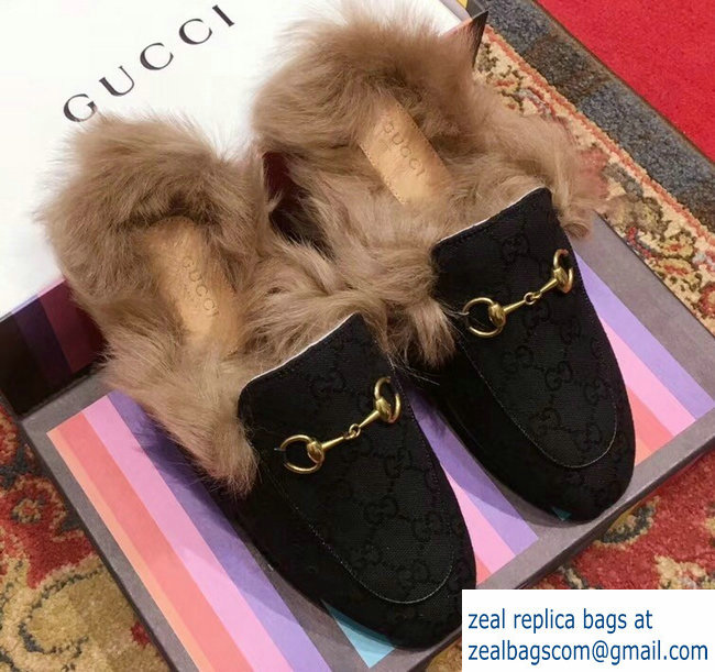 Gucci Princetown GG Canvas Fur Slipper 448657 Black 2018 - Click Image to Close