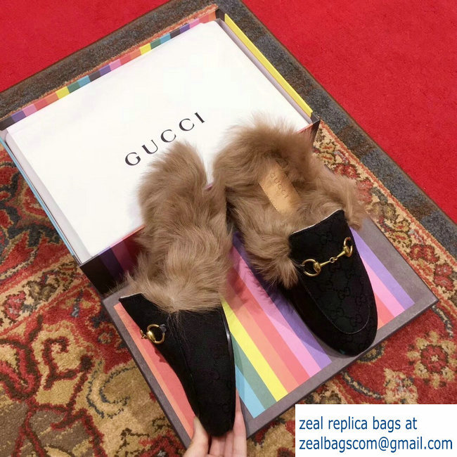 Gucci Princetown GG Canvas Fur Slipper 448657 Black 2018 - Click Image to Close