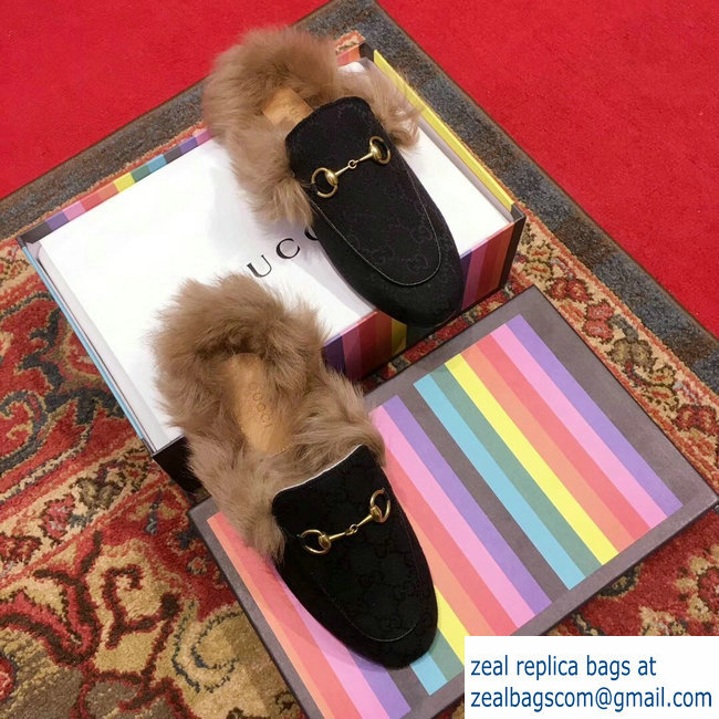 Gucci Princetown GG Canvas Fur Slipper 448657 Black 2018