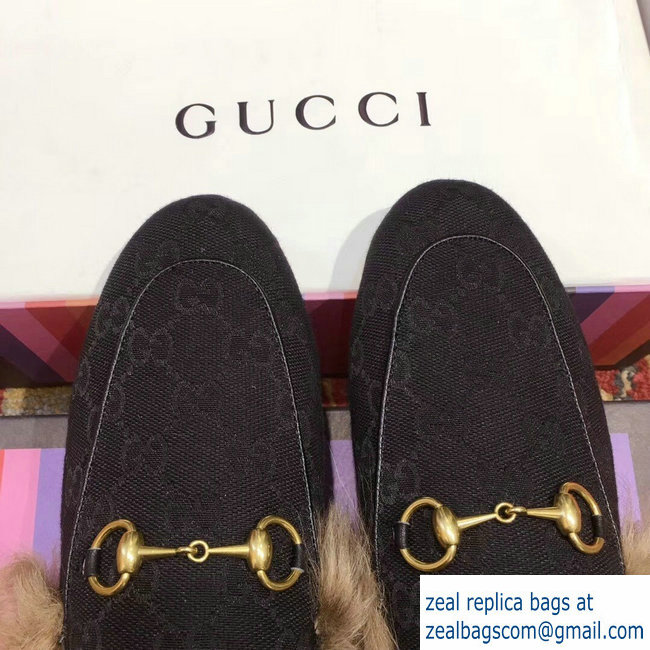 Gucci Princetown GG Canvas Fur Slipper 448657 Black 2018 - Click Image to Close