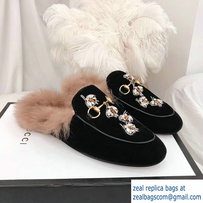 Gucci Princetown Leather Fur Slipper Black Crystals Bees 2018