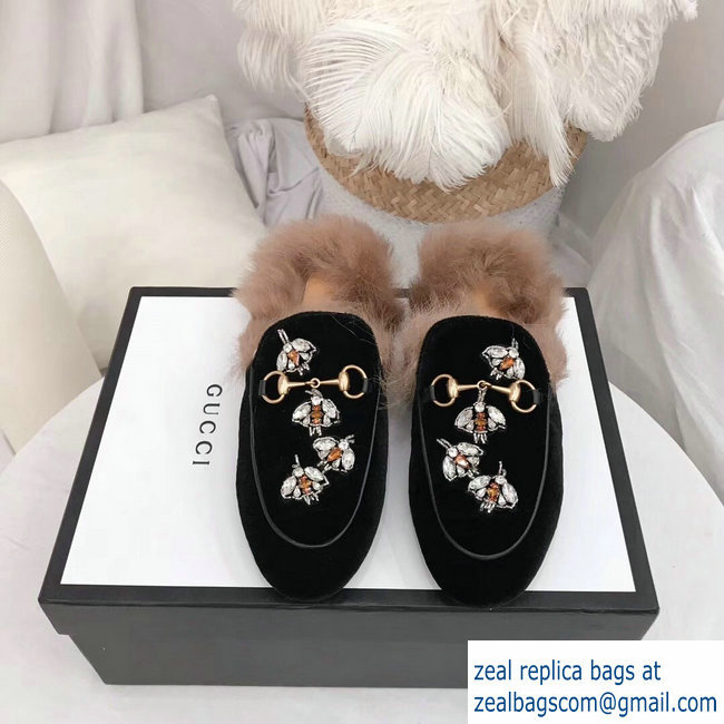 Gucci Princetown Leather Fur Slipper Black Crystals Bees 2018