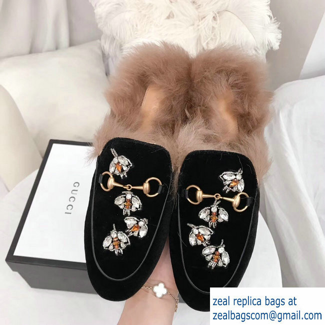 Gucci Princetown Leather Fur Slipper Black Crystals Bees 2018