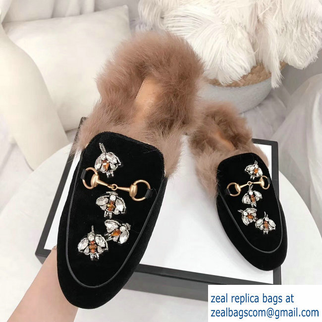 Gucci Princetown Leather Fur Slipper Black Crystals Bees 2018