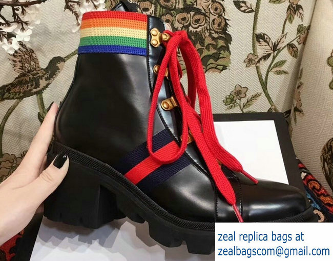 Gucci Rainbow Stripe Leather Ankle Boots Black With Web Bee 2018 - Click Image to Close