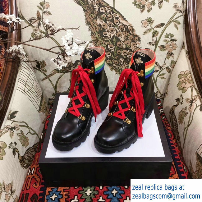 Gucci Rainbow Stripe Leather Ankle Boots Black With Web Bee 2018