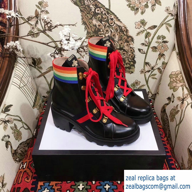 Gucci Rainbow Stripe Leather Ankle Boots Black With Web Bee 2018 - Click Image to Close