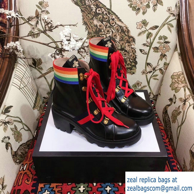 Gucci Rainbow Stripe Leather Ankle Boots Black With Web Bee 2018