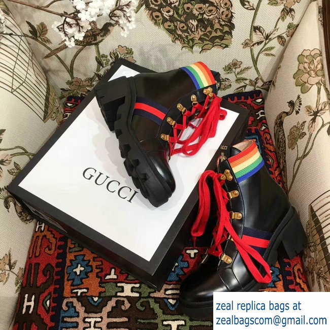 Gucci Rainbow Stripe Leather Ankle Boots Black With Web Bee 2018