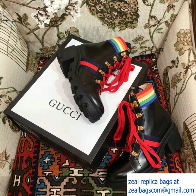 Gucci Rainbow Stripe Leather Ankle Boots Black With Web Bee 2018 - Click Image to Close