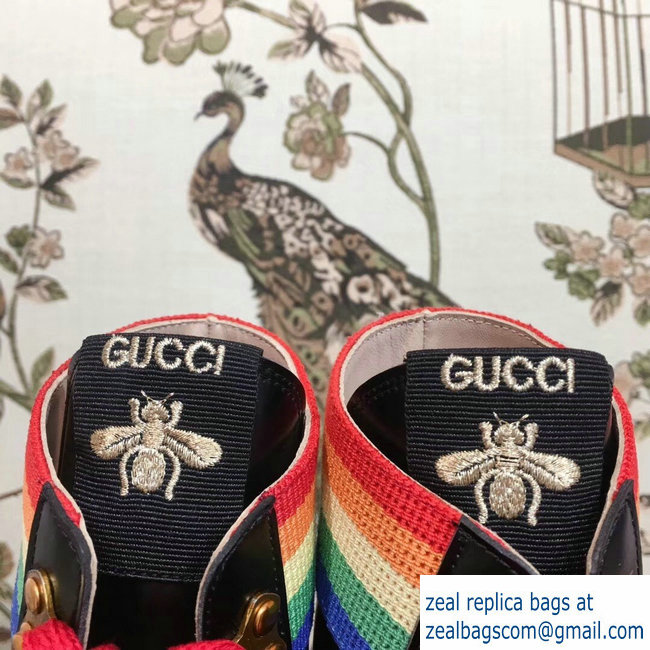Gucci Rainbow Stripe Leather Ankle Boots Black With Web Bee 2018 - Click Image to Close