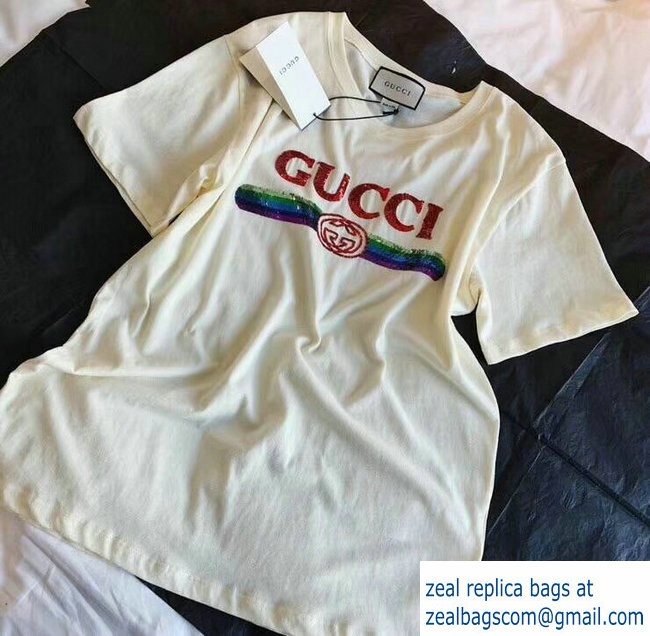 Gucci Sequin Vintage Logo T-shirt Creamy 2019 - Click Image to Close