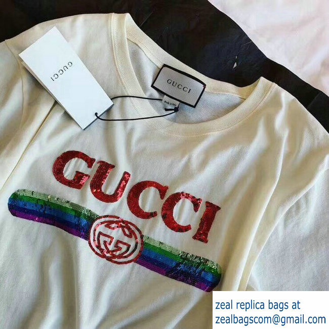 Gucci Sequin Vintage Logo T-shirt Creamy 2019 - Click Image to Close