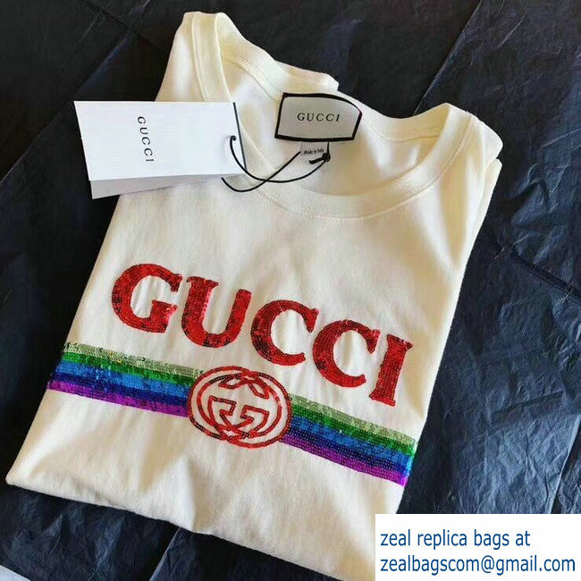 Gucci Sequin Vintage Logo T-shirt Creamy 2019 - Click Image to Close