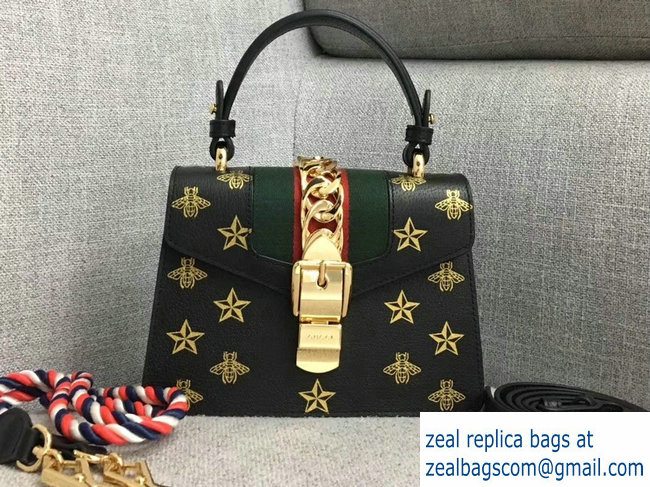 Gucci Sylvie Web Bee Star Mini Leather Bag 470270 Black 2018