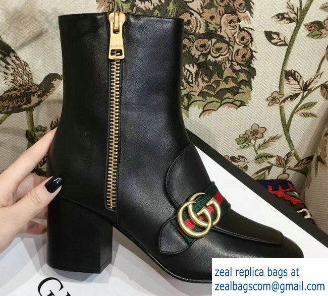 Gucci Web and Double G Leather Mid-heel Ankle Boots Black 2018 - Click Image to Close