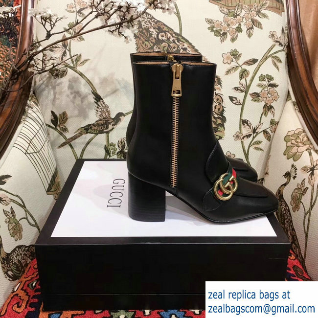 Gucci Web and Double G Leather Mid-heel Ankle Boots Black 2018