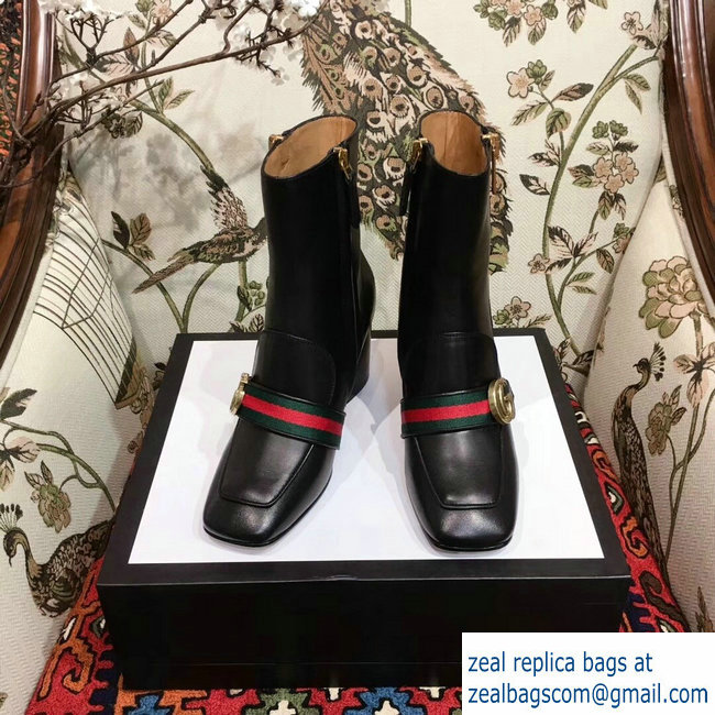 Gucci Web and Double G Leather Mid-heel Ankle Boots Black 2018