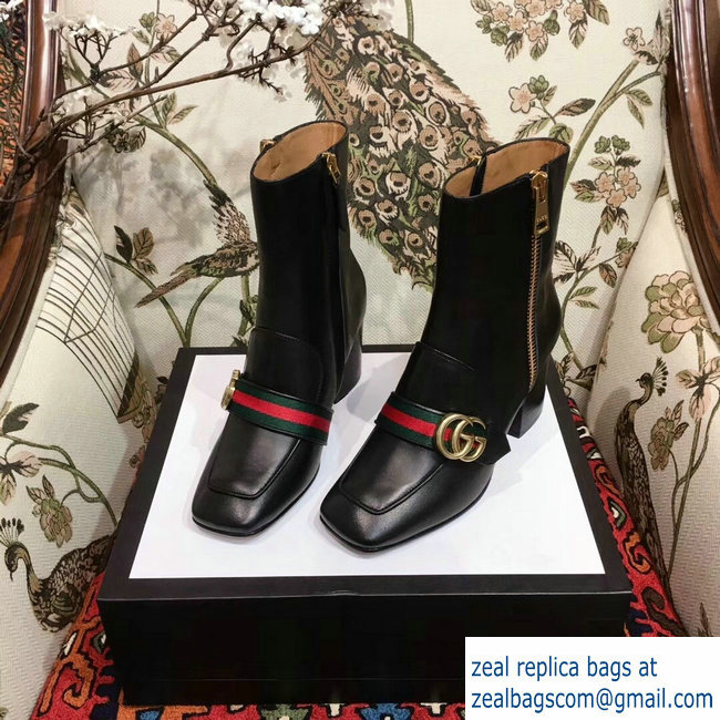 Gucci Web and Double G Leather Mid-heel Ankle Boots Black 2018