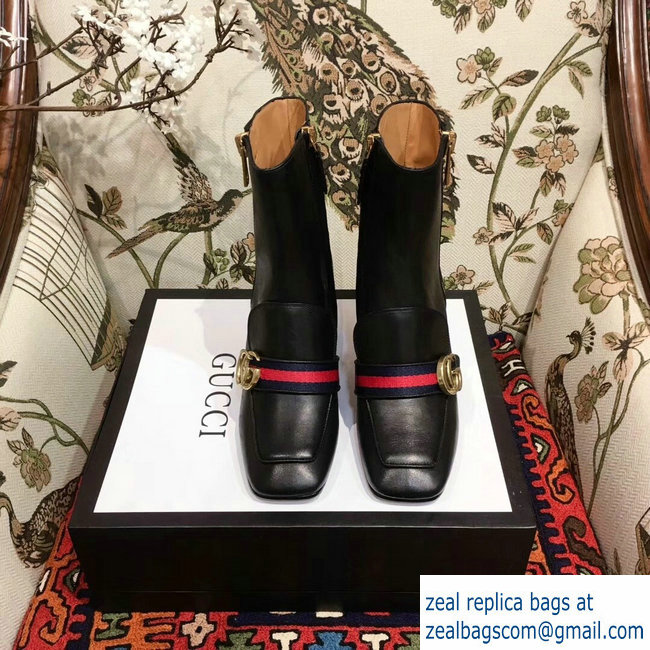 Gucci Web and Double G Leather Pearls Mid-heel Ankle Boots Black 2018