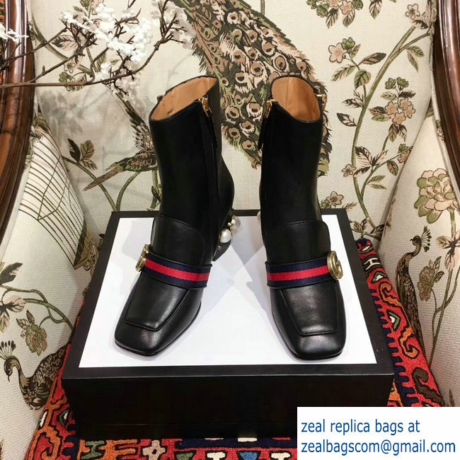 Gucci Web and Double G Leather Pearls Mid-heel Ankle Boots Black 2018