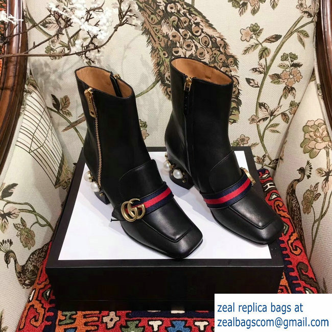 Gucci Web and Double G Leather Pearls Mid-heel Ankle Boots Black 2018