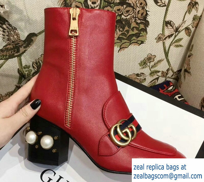 Gucci Web and Double G Leather Pearls Mid-heel Ankle Boots Red 2018