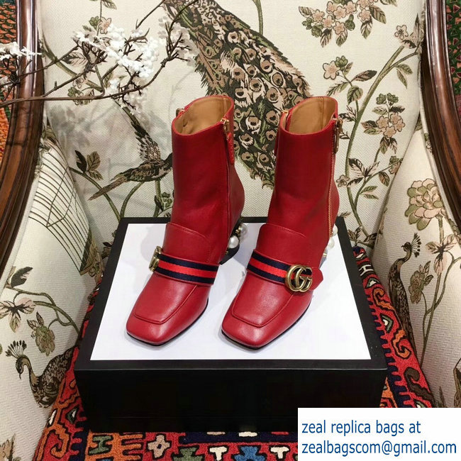 Gucci Web and Double G Leather Pearls Mid-heel Ankle Boots Red 2018