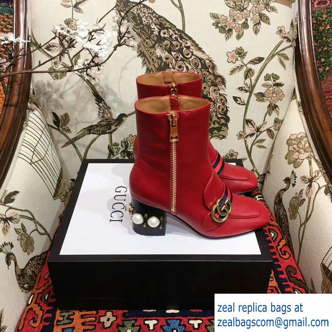 Gucci Web and Double G Leather Pearls Mid-heel Ankle Boots Red 2018