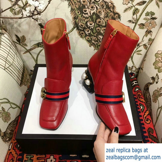 Gucci Web and Double G Leather Pearls Mid-heel Ankle Boots Red 2018