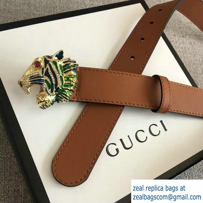 Gucci Width 3cm Leather Belt Brown with Tiger Head 2018