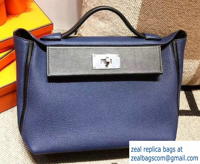 Hermes Kelly 24/24 Bag In Swift and Togo Leather Navy Blue With Silver Hardware 2018 - Click Image to Close