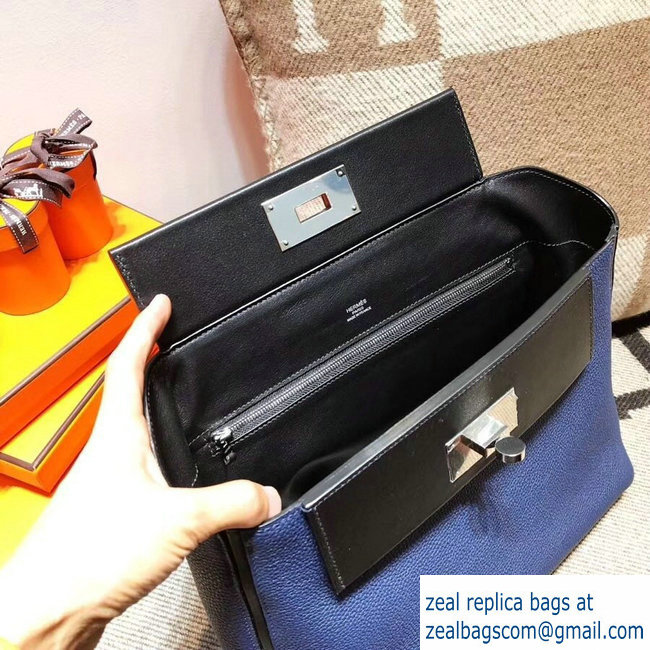 Hermes Kelly 24/24 Bag In Swift and Togo Leather Navy Blue With Silver Hardware 2018 - Click Image to Close